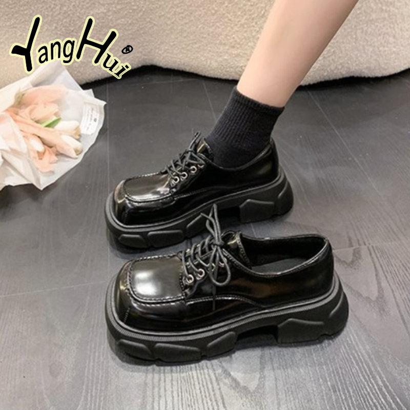 Fashion Women 2024 New Square To Design Beige Chelsea Platform Boots Spring Autumn Lace Thick Heel College Style Small Leather Shoes
