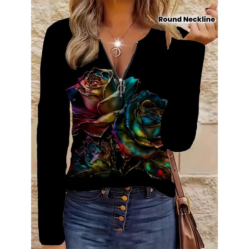 Trendy, comfortable, casual, elegant style, colorful painting, flower elements, printed pattern, code, women's garden collar, zipper, long sleeves