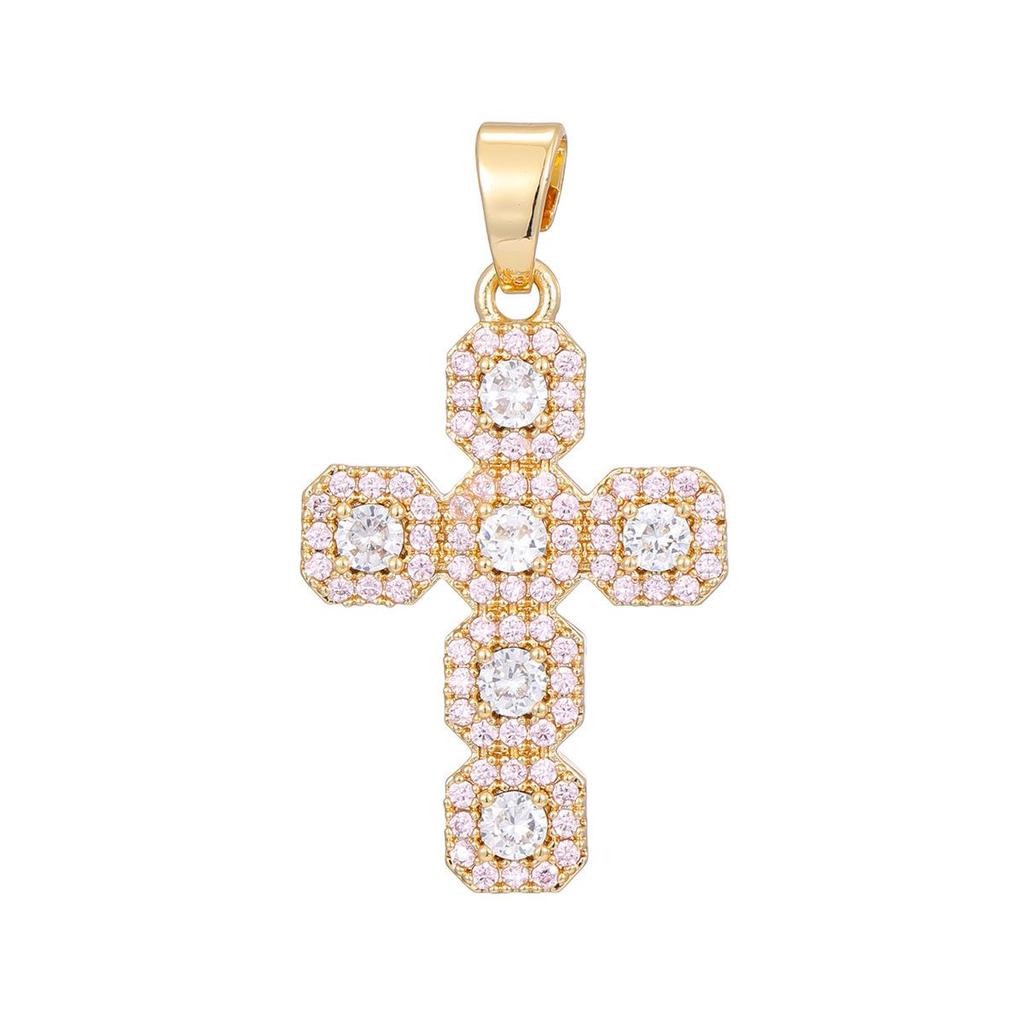 Gold-Plated Multi-Color Zirconia Cross Necklace with Full Diamond Design