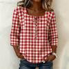 Women's Trendy Plaid Blouse Square Neck 3/4 Sleeve Shirt, Casual Button Down Top for Work and Everyday