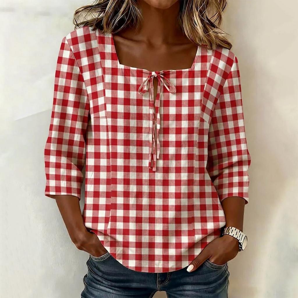 Women's Trendy Plaid Blouse Square Neck 3/4 Sleeve Shirt, Casual Button Down Top for Work and Everyday