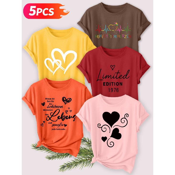 Five-piece set Elegant short-sleeved shirt for women Heart-shaped German series printed round-neck women's short-sleeve shirt suitable for spring and