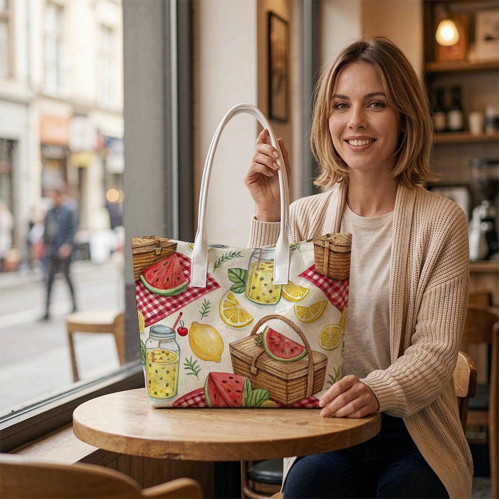 Summer Picnic Lemon Watermelon Print Tote Bag Casual Daily Outdoor Travel Handbag for Women Reusable Grocery Shopping Bag