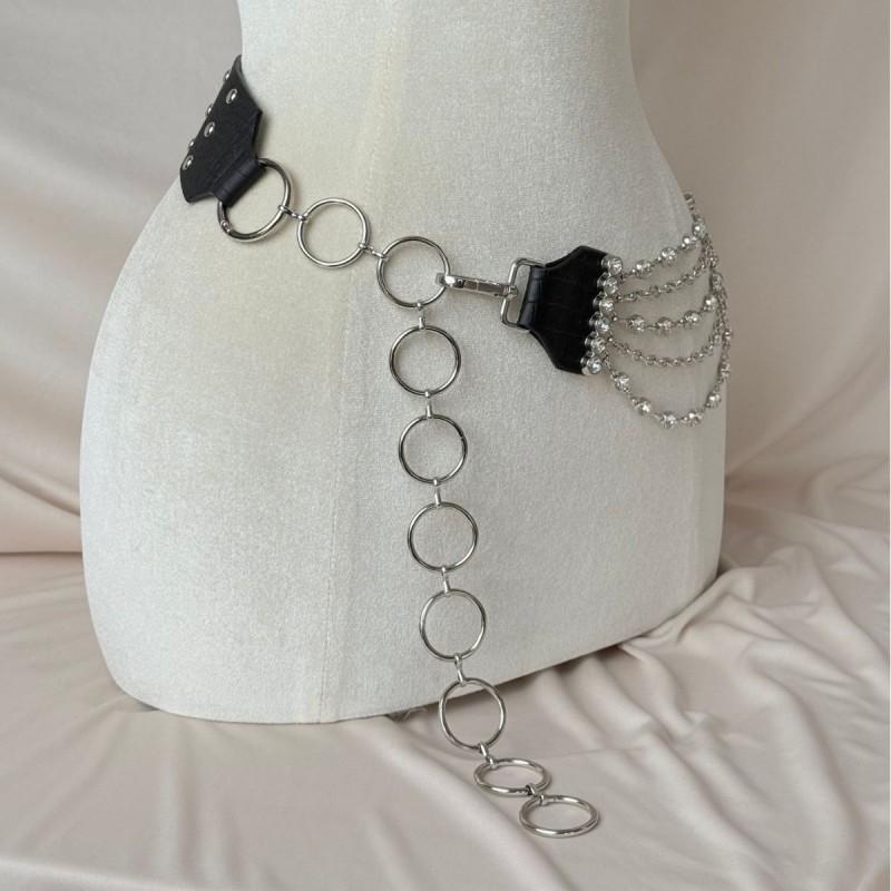 Y2K Vintage Multi-layer Draped BB Rhinestone Waist Chain Matte Faux Leather Croc