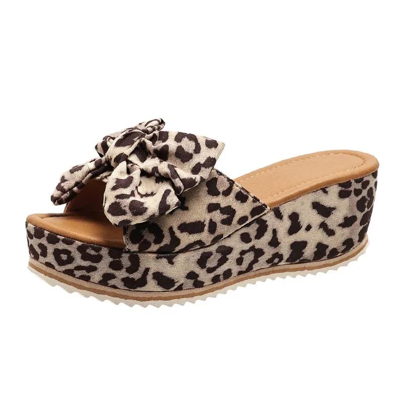 European and American Plus Size Butterfly Bow Slippers for Women, Leopard Print Fabric, Sloping Heel Sandals for Women