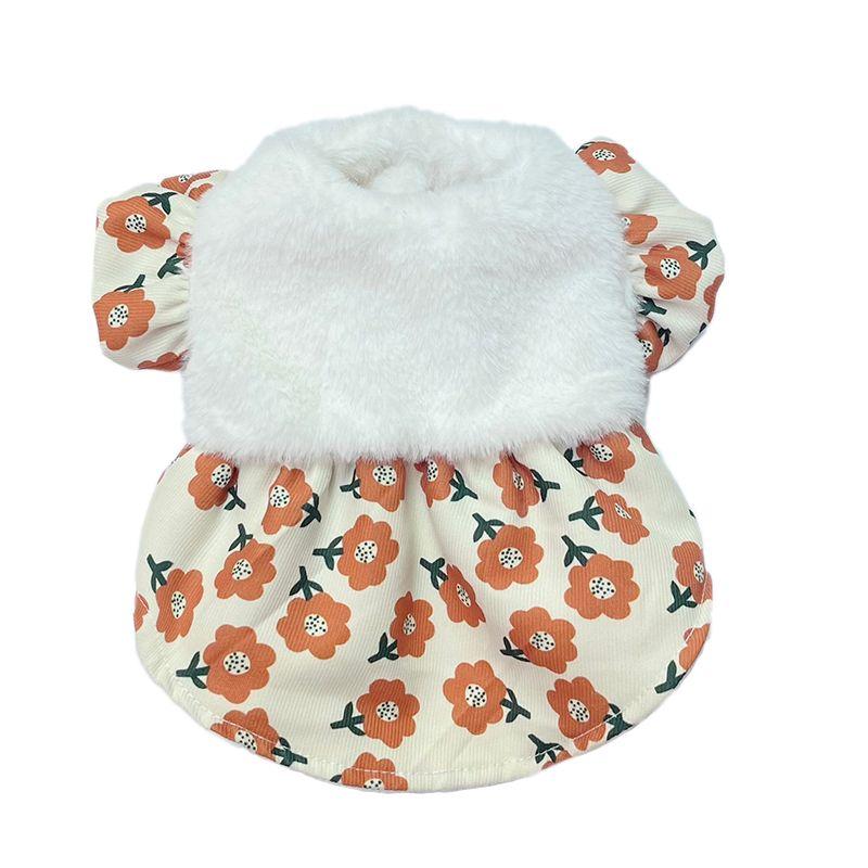 Pet Flower Dress Dog Clothes Autumn Winter Plush Fly Sleeve Cardigan Skirt Teddy Bear Dog Cat Plush Coat Puppy Small Dog Dress