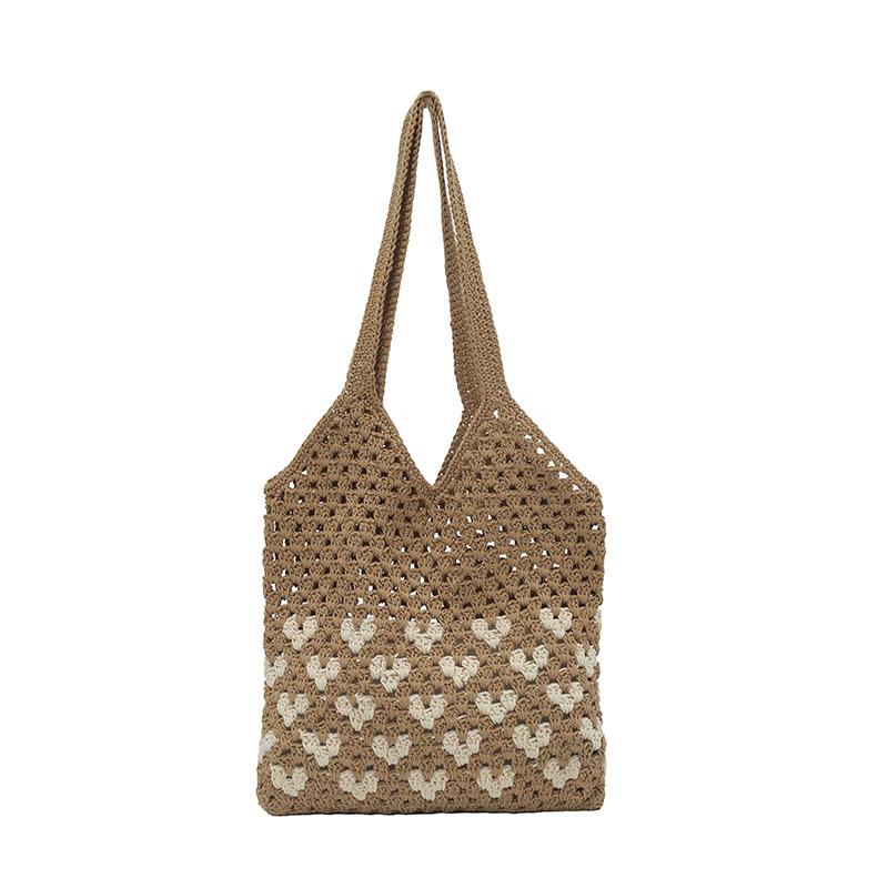 

Summer Lightweight Soft Knit Shoulder Bag for Women Ctrast Color Ladies Underarm Bag Hollow Design Seaside Travel Handbag Tote хакі