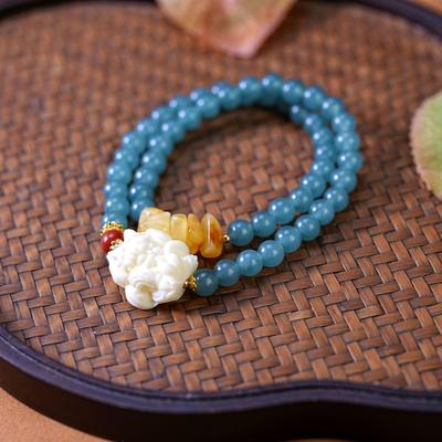 Blue Water Jade & Chalcedony Beaded Bracelet - Retro Chinese Ethnic Style Women's Jewelry