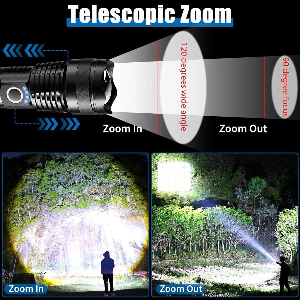 P50 Aluminum Alloy Glare Flashlight 26650/18650 USB Charging Long-Range Outdoor Waterproof Telescopic Zoom Night Fishing Light