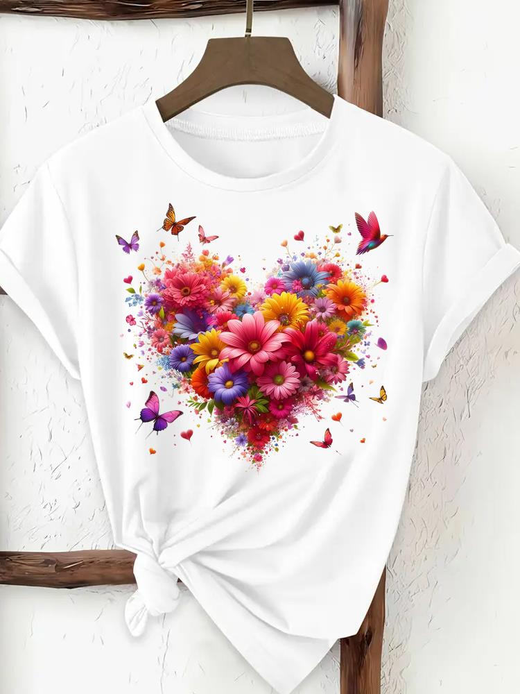 (Asian Size) trend lovely flower style Print Female Clothing T Shirt Woman Women Fashion Tee Top Short Sleeve Graphic T-shirts
