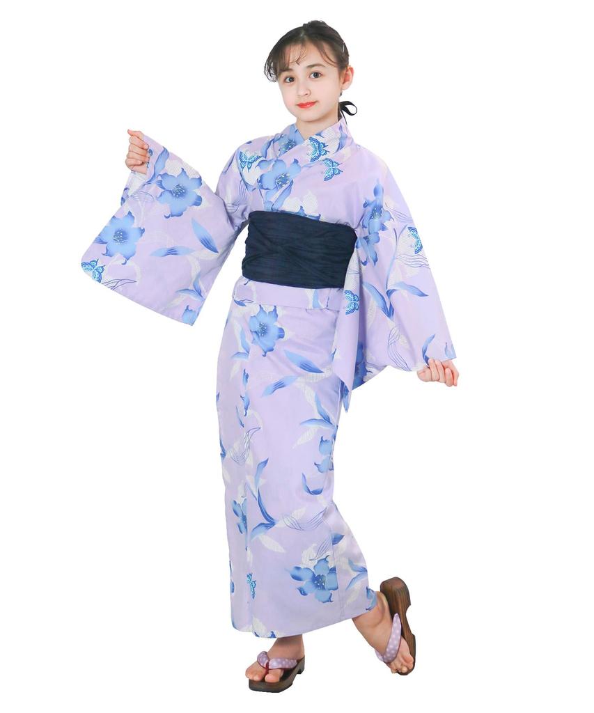 Yukata Two Change Set Heiko Junior Girls Butterfly [KYOETSU] Set, Yukata, Parts, Girls, Unbleached, Weave, 3-piece (Yukata, Obi, Geta), (6. Dream,