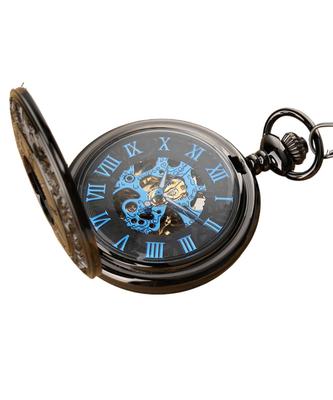 Pocket Watch Antique Style Manual Winding Vintage Skeleton Antique Hunter Case Half Hunter Retro Case Blue (black Index)