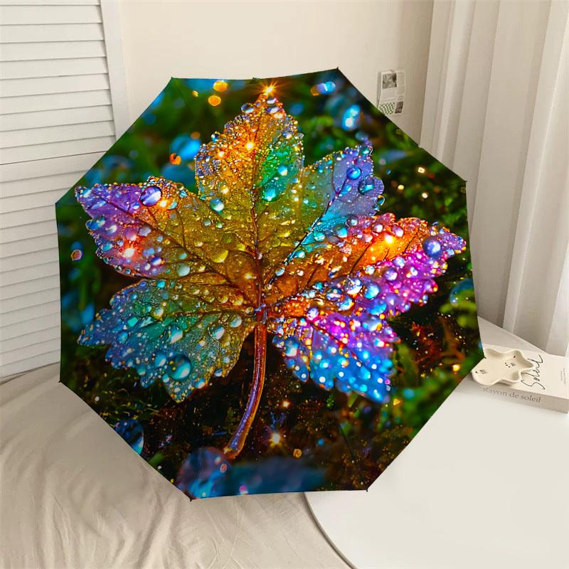 

1PC Rainbow leaf Water droplets Umbrella-8-Rib Reinforced, Automatic Open, Lightweight & Durable, Cute Fashion Accessory for Outdoor-F2637