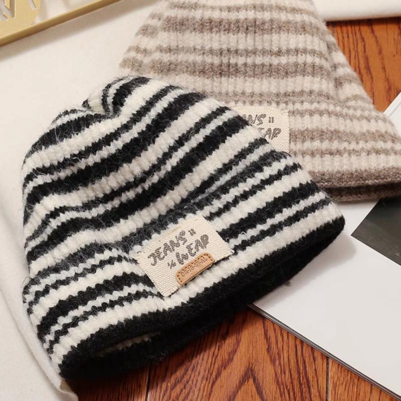 Autumn And Winter  Striped Versatile Korean Style  Large Head Circumference Wool Knitted Hat Pullover Hat For Women