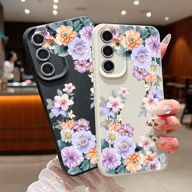 Flowers Leather Texture TPU Case For Samsung Galaxy S25 S24 S23 Ultra S24 FE S22 Plus A56 A55 A54 A16 A36 A15 A34 A26 5G Cover