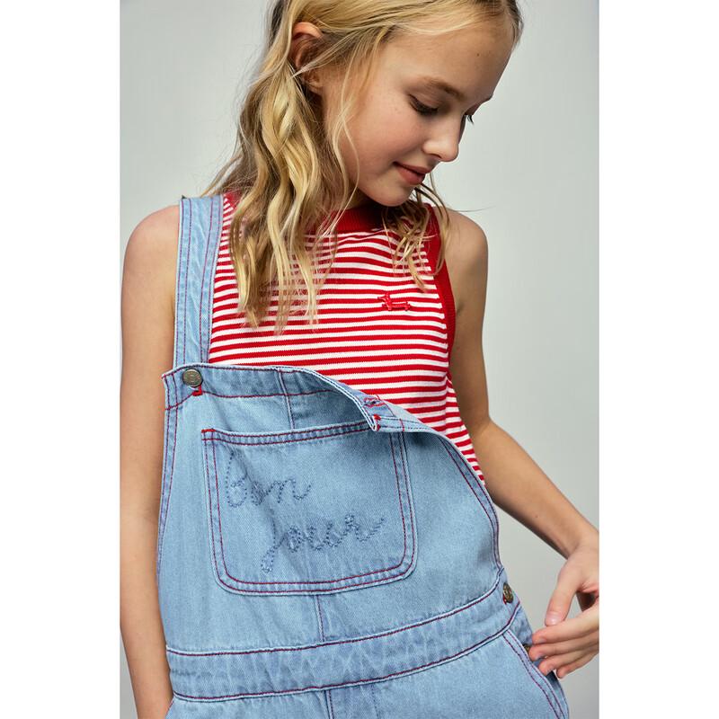 ELLE KIDS Girls' Denim Overalls with Contrast Embroidery