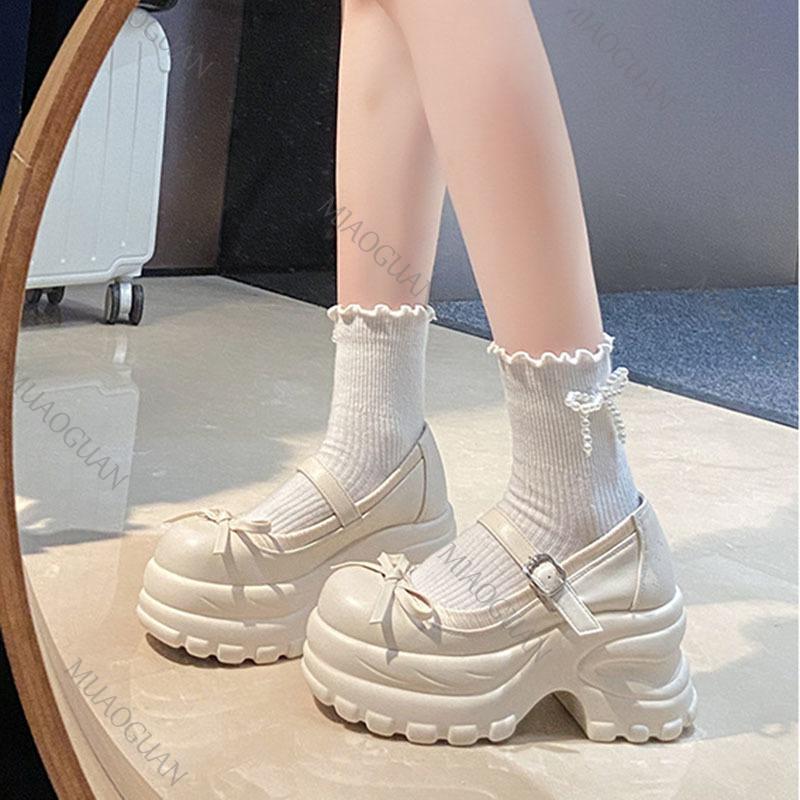 Fashion New Silver Bow Thick Bottom High-heeled Mary Jane Shoes College Style Shallow Mouth Fashion Pumps Autumn Heeled Single Shoes