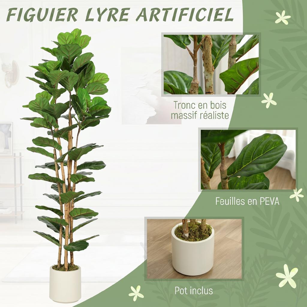 Artificial Indoor Plant, 180 cm Fiddle-Leaf Fig, Plastic Pot, Solid Wood Trunk, Green