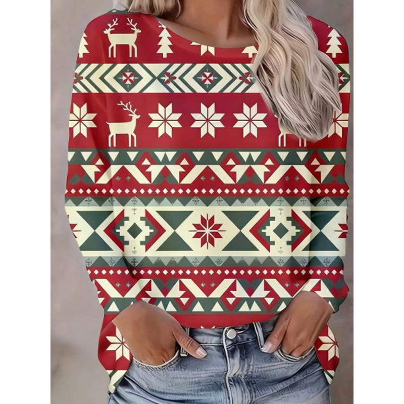 Women's Christmas 3D Printed Crew Neck Long Sleeve T-Shirt Fashion Versatile Trend Breathable Casual