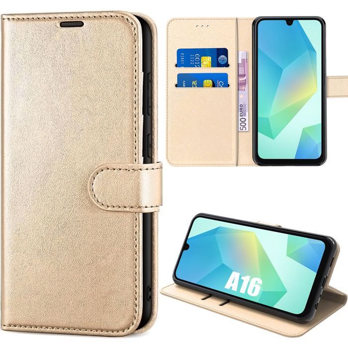 Coque - BOOLING - Samsung Galaxy A16 5G/4G - Protection Rabat Cuir Synthétique Antichoc Doré