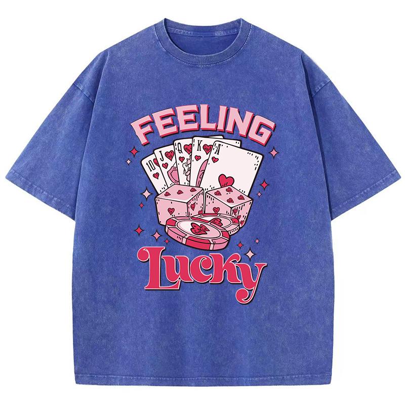 Feeling Lucky Cotton Washed T-Shirts Womens Poker Dice Printed Tops Comfortable O-Neck Oversize T Shirts Woman Clothes