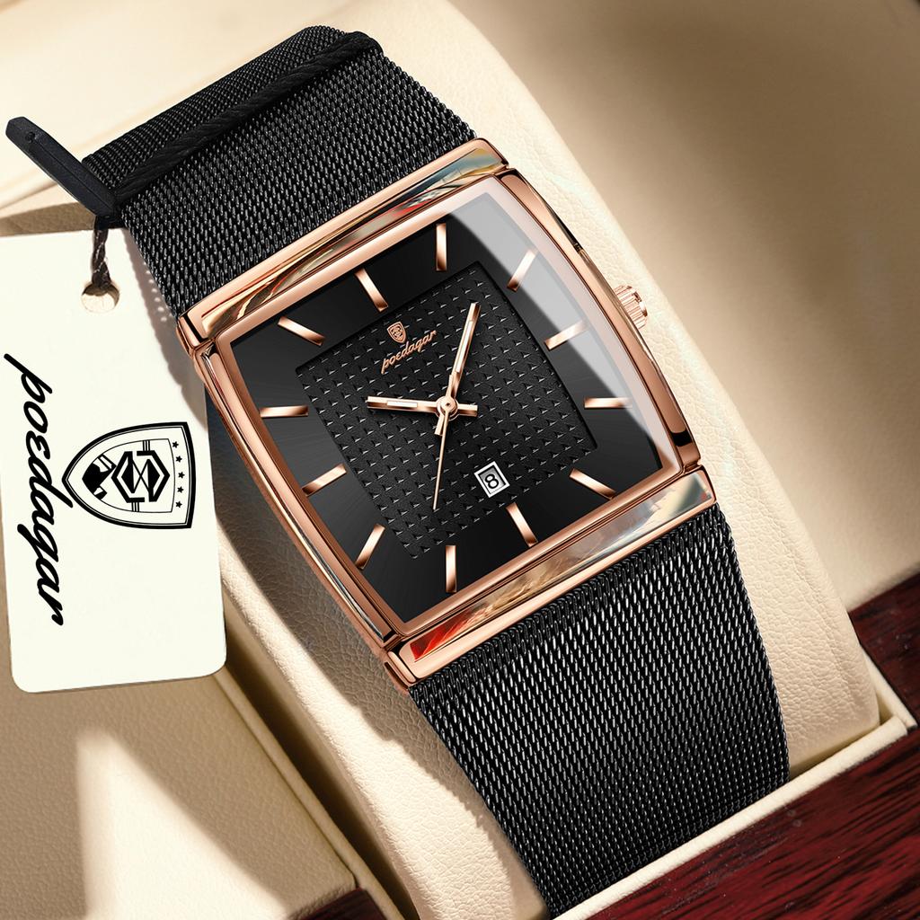 POEDAGAR Luxury Casual Men Clock Stainless Steel Mesh Date Waterproof Luminous Wristwatch Quartz Fashion Watches