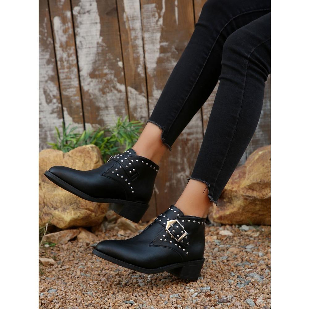 Fashion Plus Size Chelsea Boots with Studs Buckle Chunky Sole Women's Ankle Boots