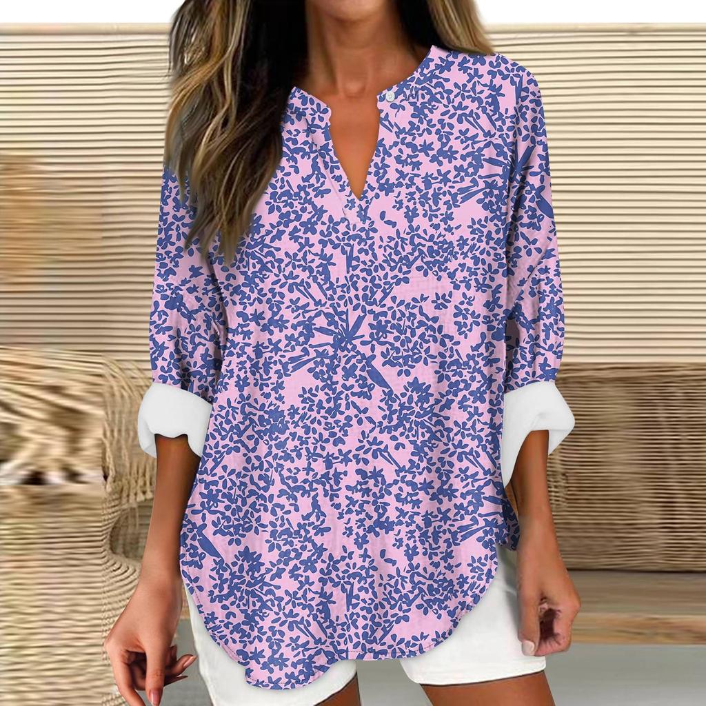Women's Fashion Casual Printed Drop Shoulder Long Sleeve V-Neck Women's Hemp Tops