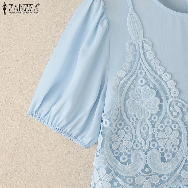 ZANZEA Women Casual Round Neck Crochet Patchwork Summer Short Sleeve T-Shirts