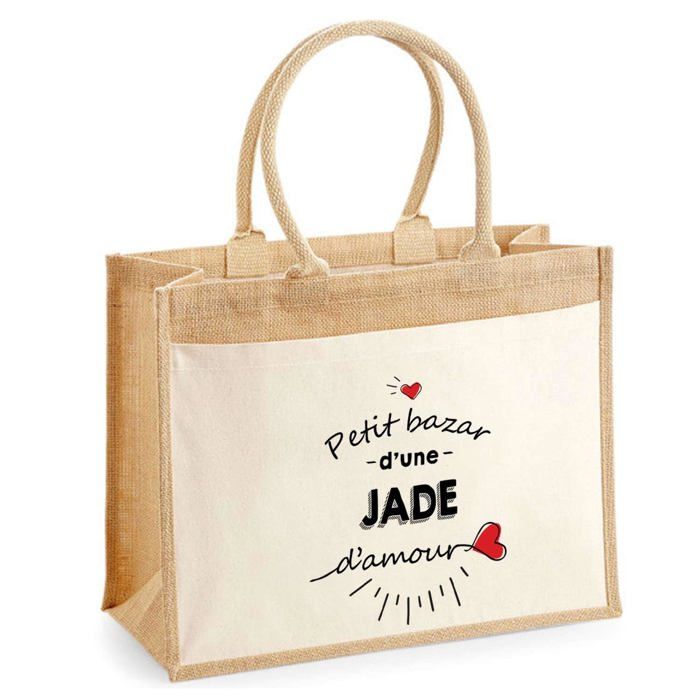 Sac de plage - PLANETEE - jute avec poche Bazar d'une Jade d'amour - Coton - Imprimé en France - 43 x 33 cm