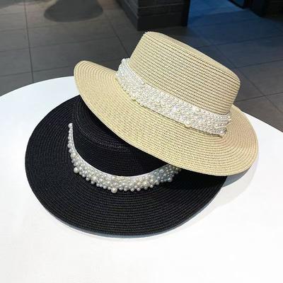 South Korea Pearl Flat Top Straw Hat Women Travel Vacation Sunscreen Fashion Versatile Top Hat Summer Hat Tide Straw Weaving