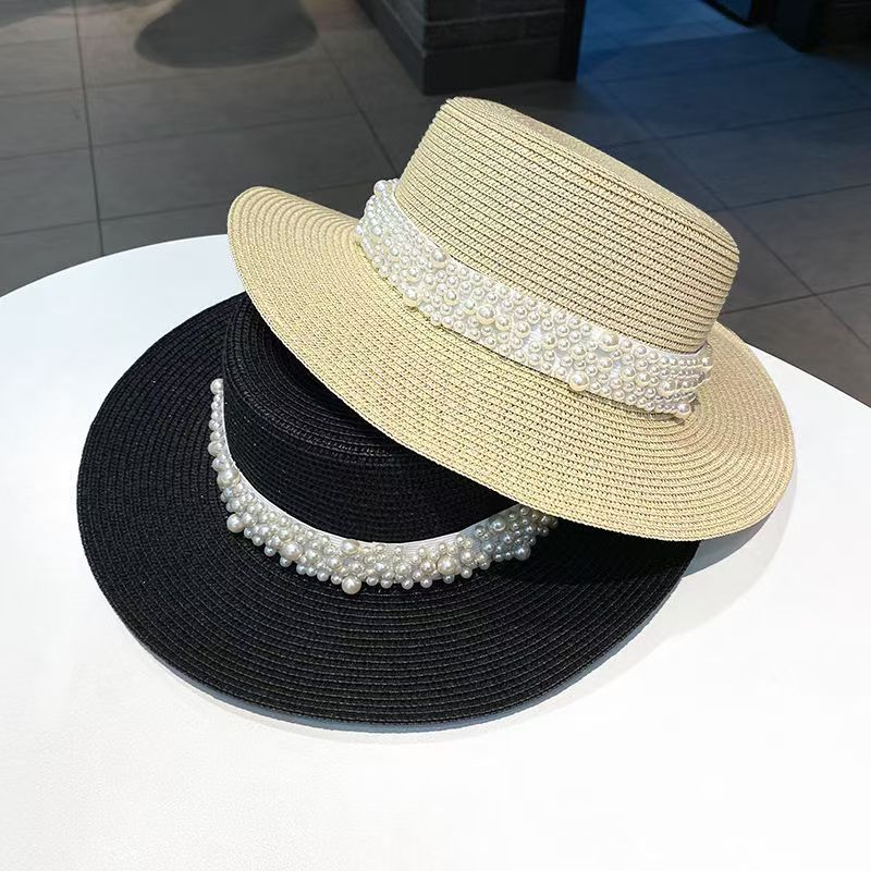 South Korea pearl flat top straw hat women travel vacation sunscreen fashion versatile top hat summer hat tide straw weaving