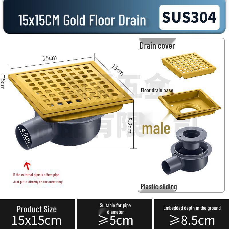 304 Stainless Steel European-Style Large Capacity Square Floor Drain with Sliding Side Drain.