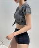 2024 Korean Style Striped High-Waisted Tummy-Covering Short Sleeve Swimsuit