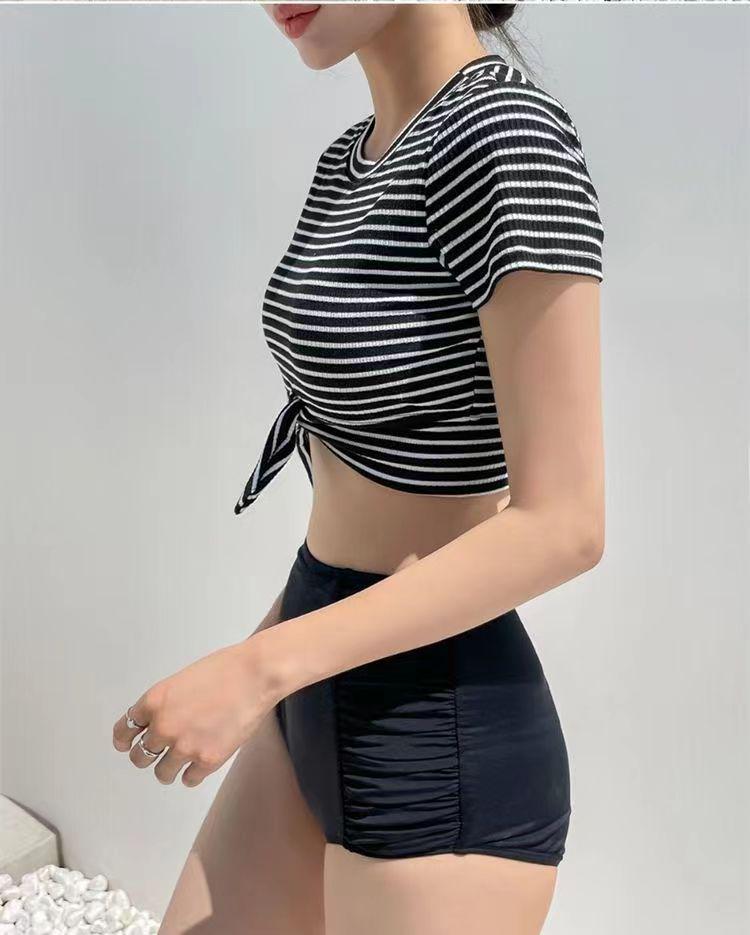 2024 Korean Style Striped High-Waisted Tummy-Covering Short Sleeve Swimsuit