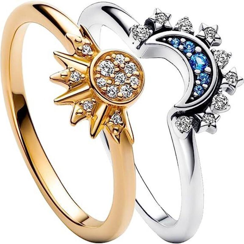 2pc/set Summer Couple Ring Set Sky Blue Sparkling Moon and Sun Ring New Women's Stackable Finger Set Engagement Jewelry