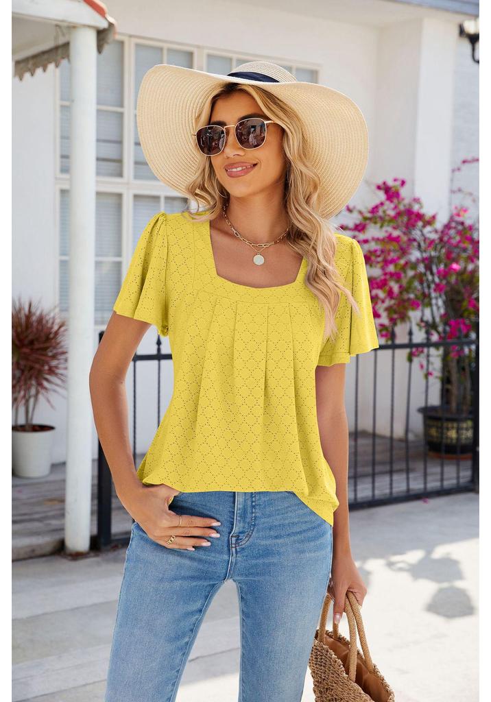 EU Cross-Border Women's Square Neck Pleated Short Sleeve Loose T-shirt 2024 Spring/Summer Collection