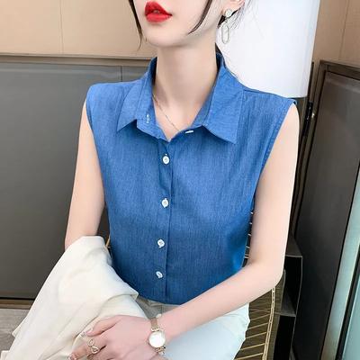 Cotton Denim Sleeveless Shirt Women's Summer New Loose Fit Fashionable Slimming Top with Design