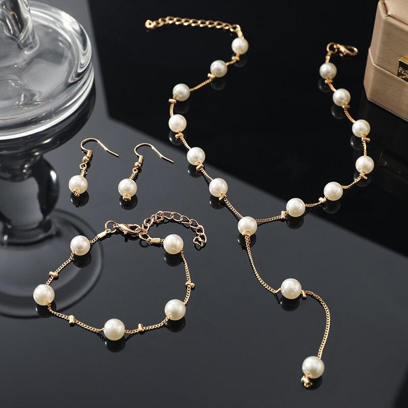 4pcs Gold-color Necklace Earring Bracelet Set Ladies Elegant Imitation-Pearls Collection Temperament Tassel Jewelry