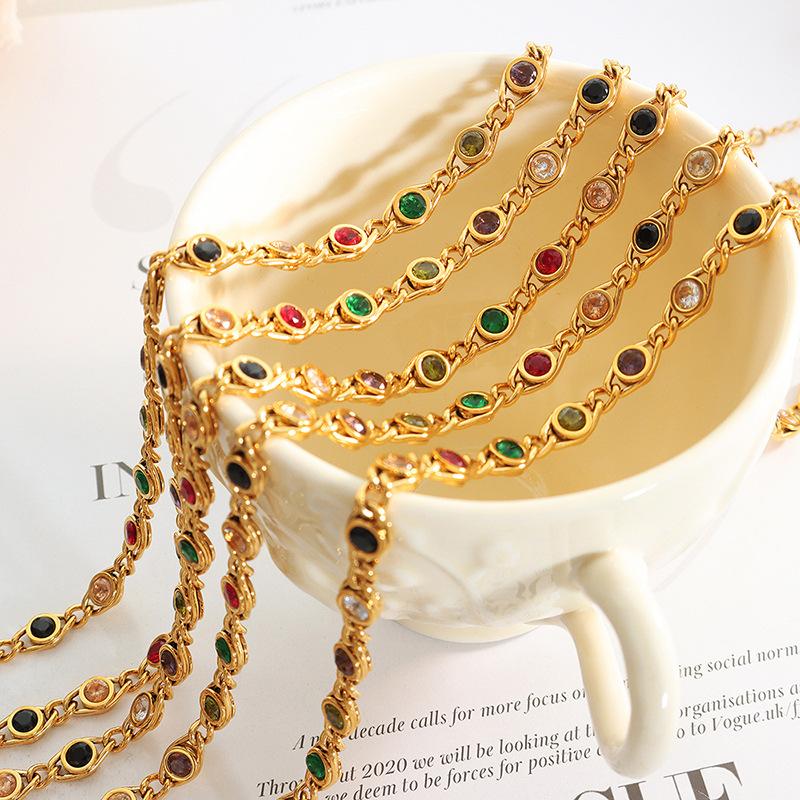 18K Gold Plated Stainless Steel U-Shape Choker Necklace Bracelet Set Minimalist French Retro Style Colorful CZ Diamond Necklace
