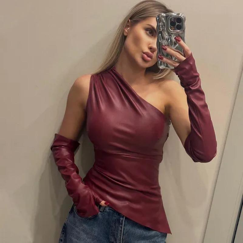 

Women s Burgundy Faux Leather One Shoulder Top with Detachable Arm Sleeves Asymmetrical Hem Party Clubwear S бордовий