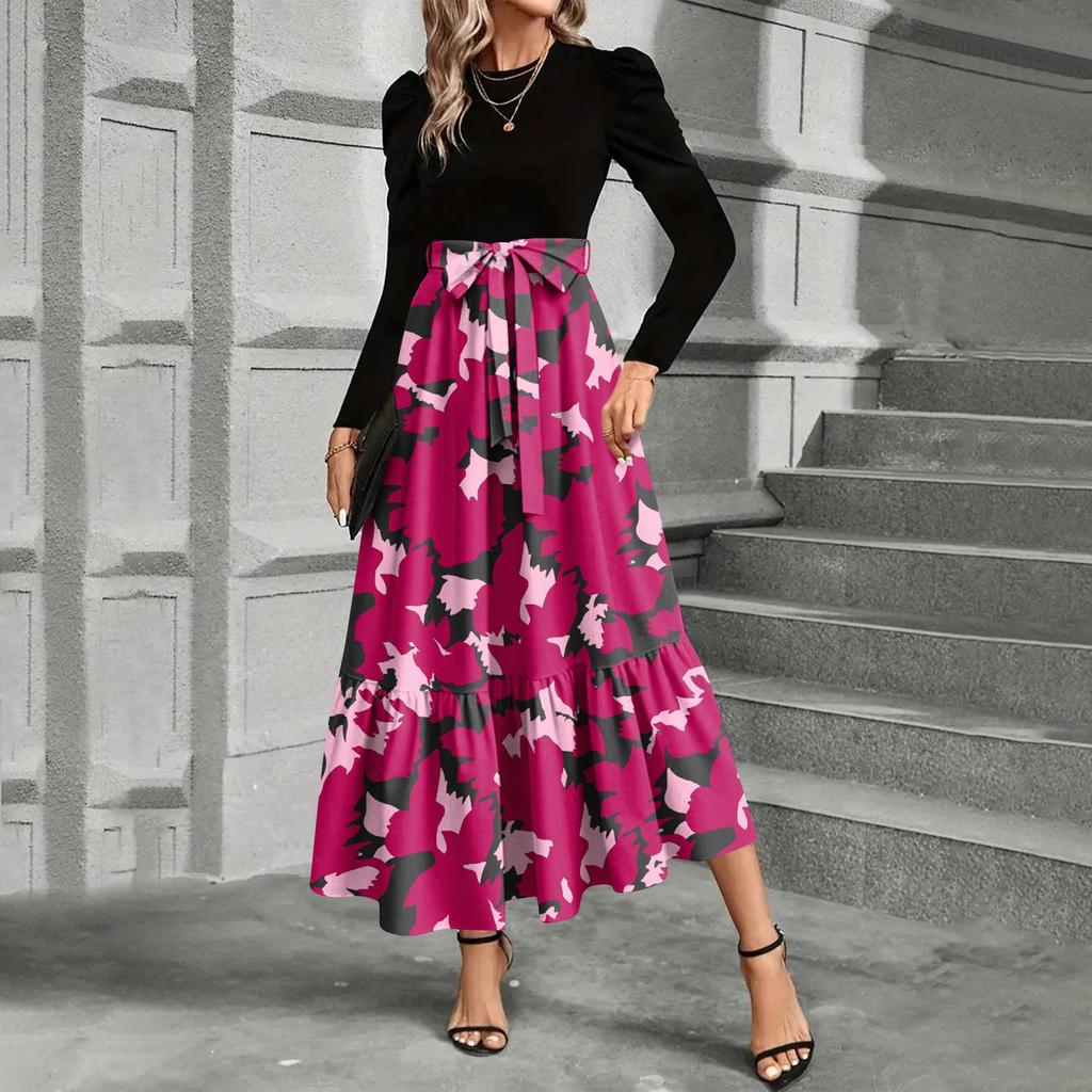 Women's Floral Print High Waist Fashionable And Elegant Dress