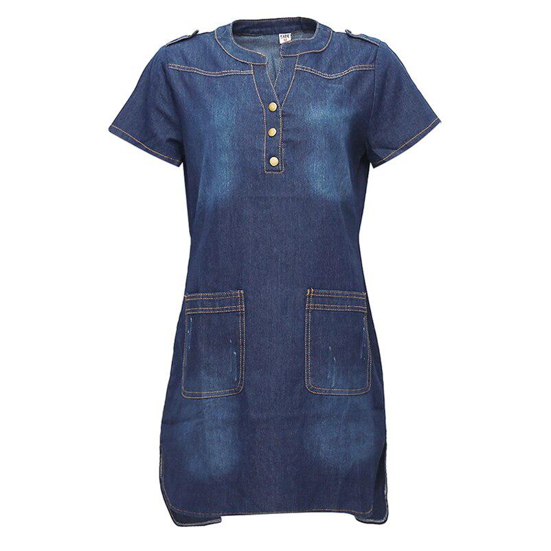 Frauen Casual Slim V-ausschnitt Büro Hemd Jeans Plus Größe Denim Kleid Vestidos Robe
