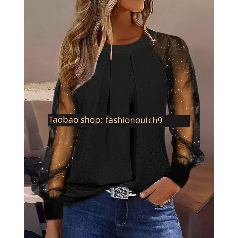 

2024 Fashion round Neck Lace Patchwork Shirt Shirt Black 2XL