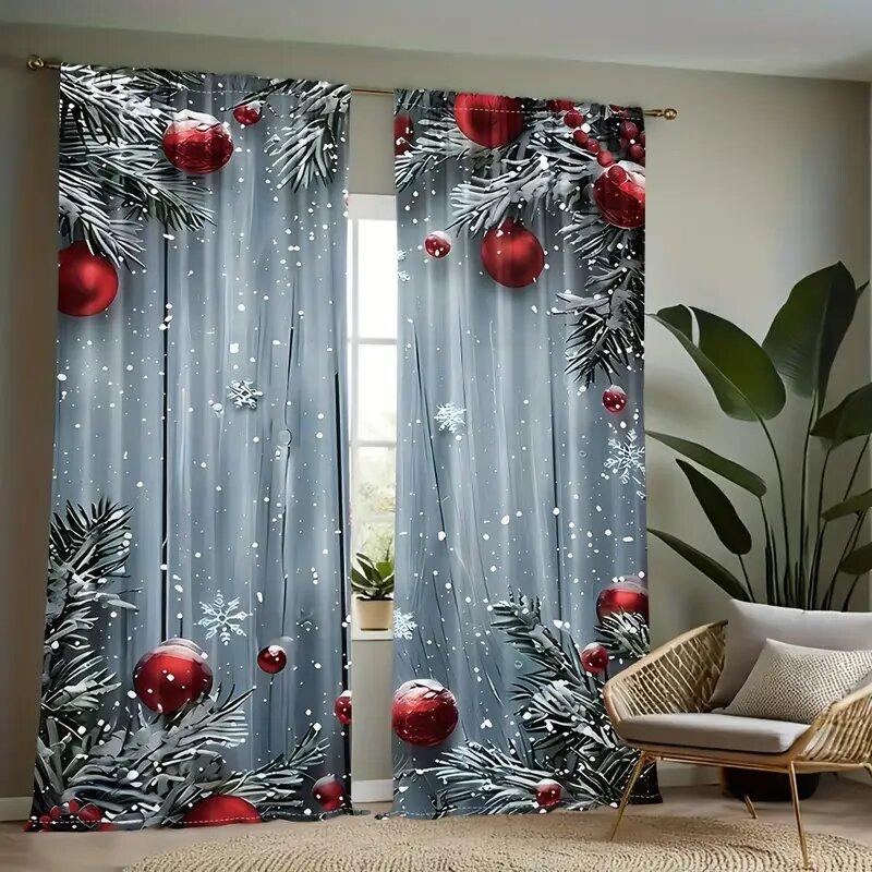 Set Of 2 Christmas Decorative Pattern Printed Curtains Window Decorations Home Room Made Polyester