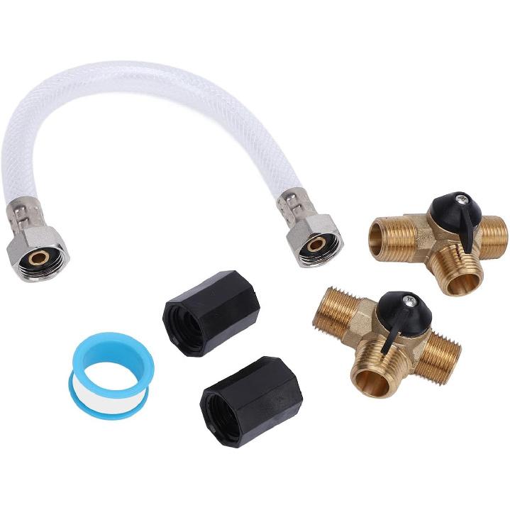 RV Water Heater By Pass Kit, 12 Inch Reinforced Hose with 3 Male 1/2 Inch NPT Valves and Double Female Connectors