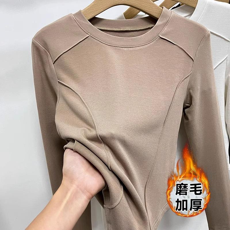 European autumn and winter polished thickened bottoming shirt women's long-sleeved inner shoulder T-shirt women's slim design thin velvet top