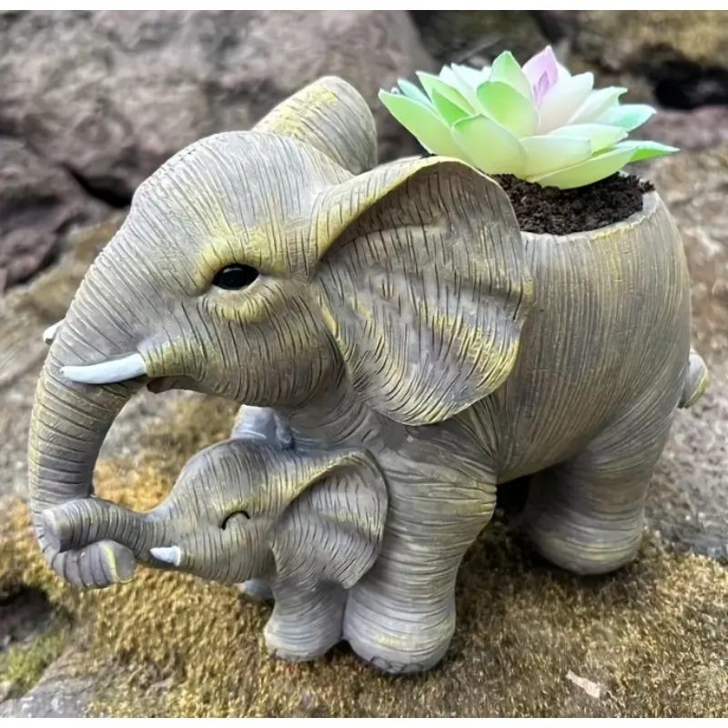 

Винтажный смоляной плантатор «Семья слонов» с дренажными отверстиями, дизайн «Мама и слоненок», декор с реалистичной текстурой для патио, балкона 17x 13cm зелёный