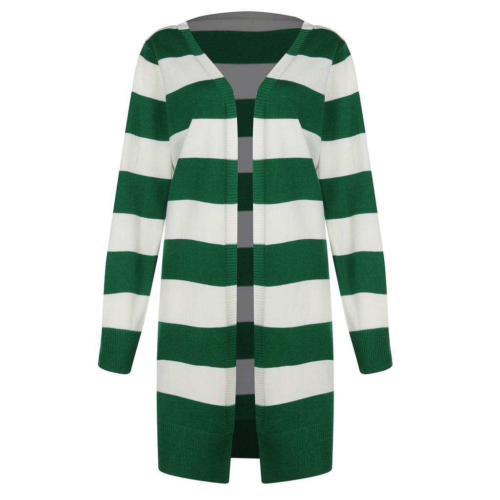 Women's Fashion Leisure Contrast Color Stripe Long Sleeved Cardigan Coat