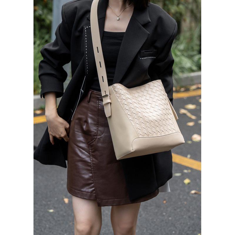 

Genuine Leather Women s Bag 2025 New Arrival First Layer Cowhide Fashion All-Match Bucket Bag Large Capacity Bag Shoulder Messenger Bag Creamy-white [leather]]